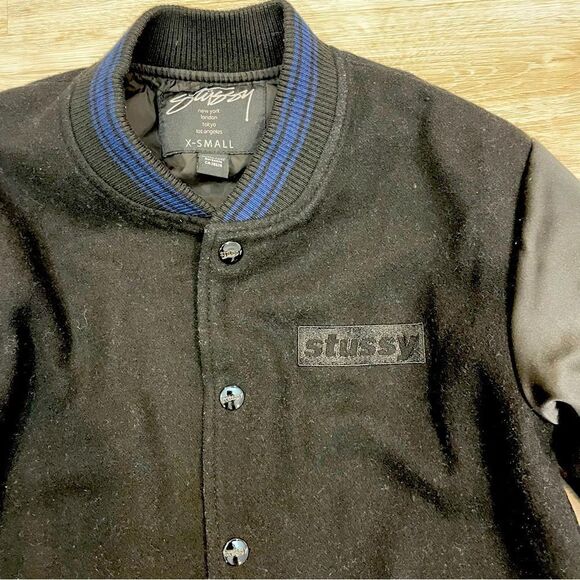 Stussi Black Wool long varsity jacket coat sz XS - Picture 5 of 11